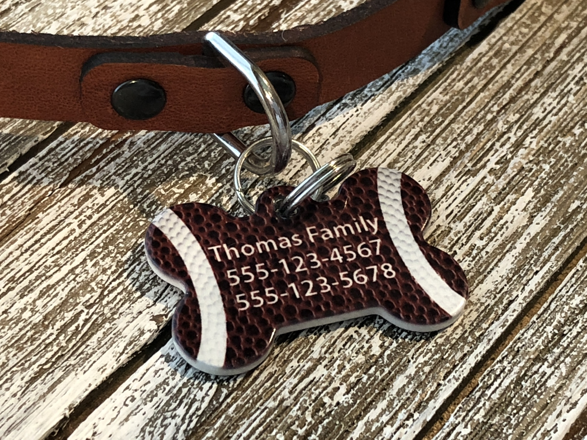 Football motif pet ID tag made with sublimation printing