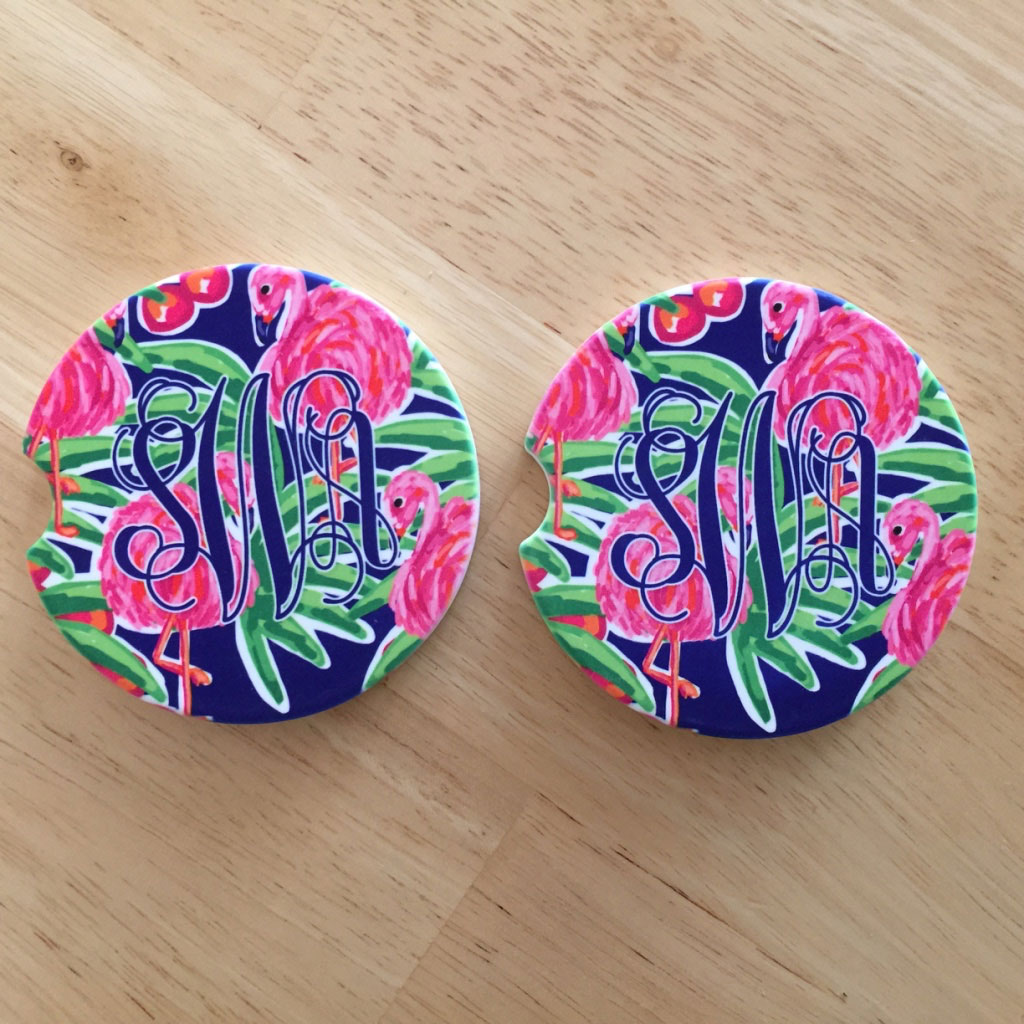 Fancy Flamingos Monogrammed Car Coasters made with sublimation printing