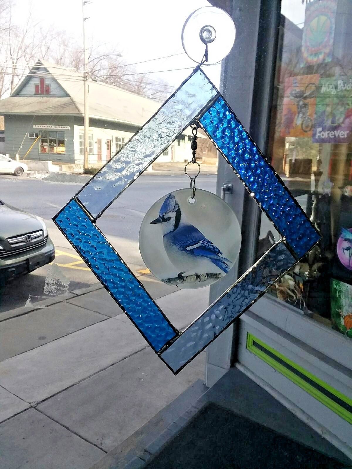 Blue Jay Ornament surrounded in Stained Glass made with sublimation printing