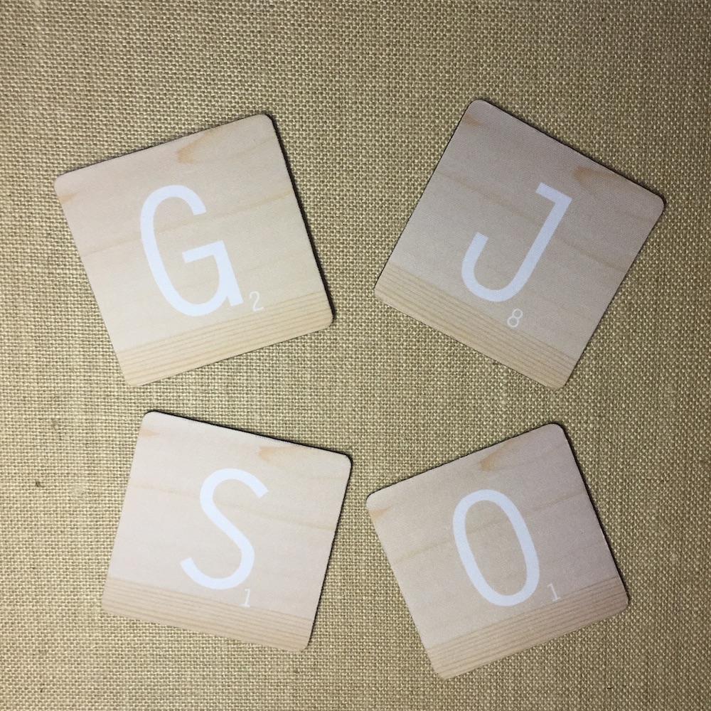 Scrabble inspired coasters made with sublimation printing