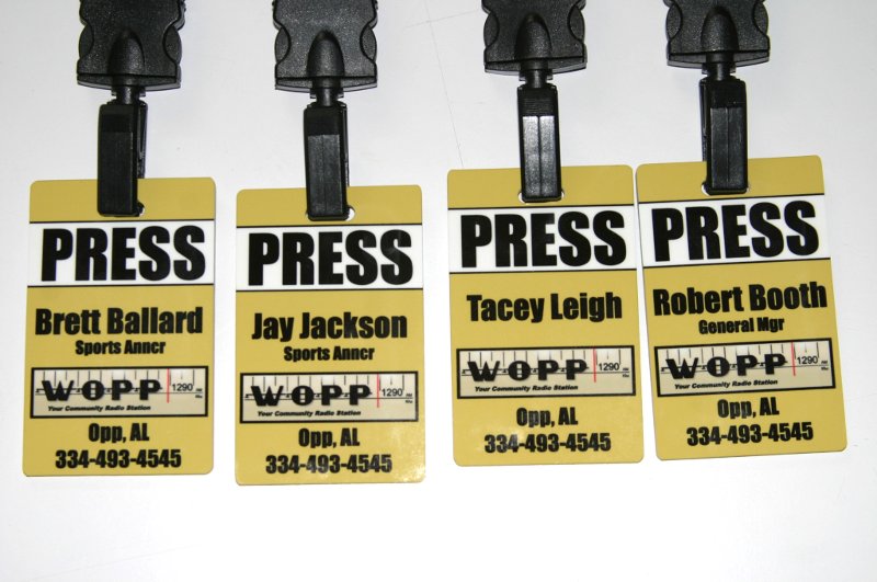 WOPP Press badges made with sublimation printing