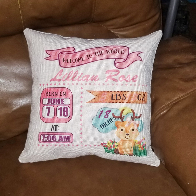linen pillow cover birth stat made with sublimation printing