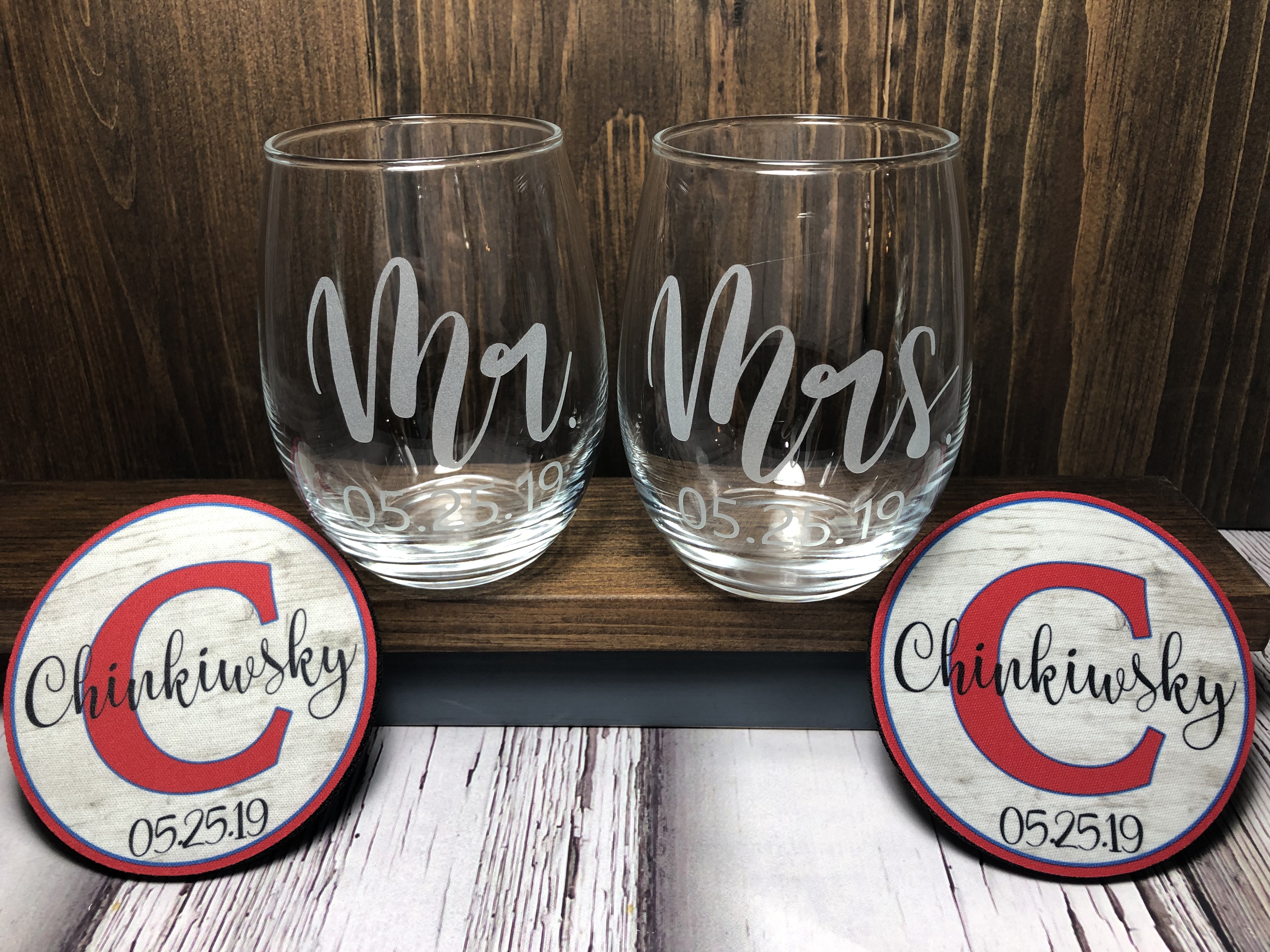Coasters with etched wine glasses made with sublimation printing