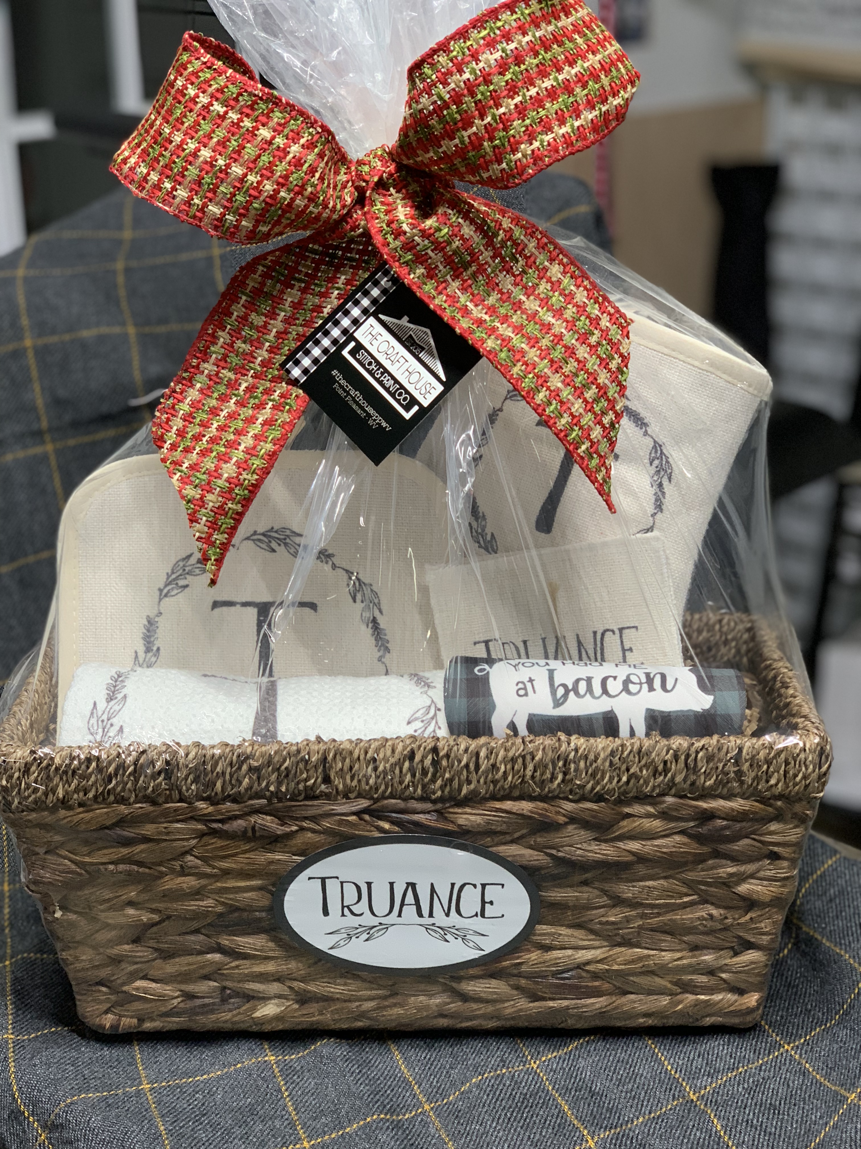 personalized gift basket - has linen mits and coasters, jar opener, and waffle towel - front ov
