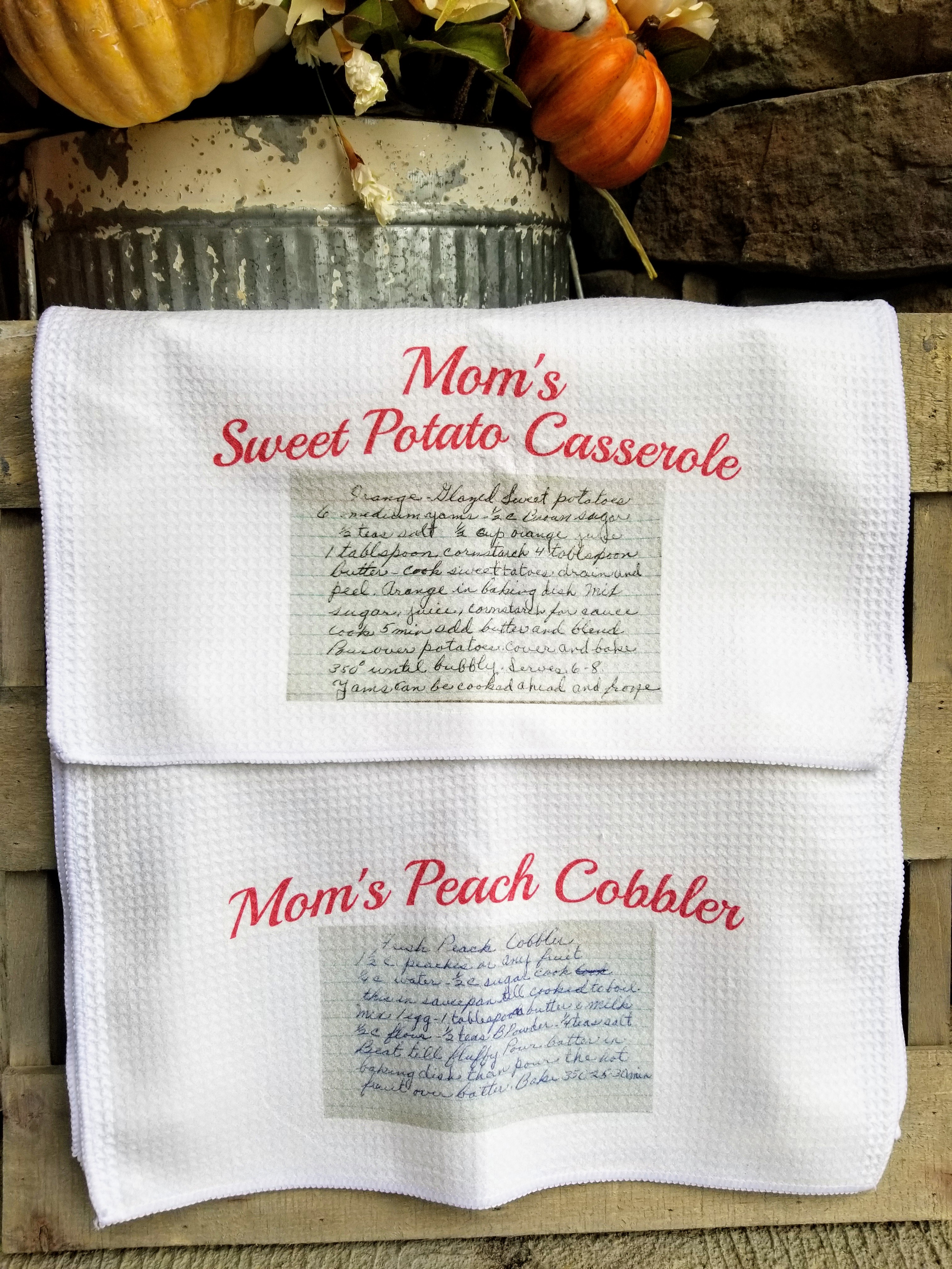 Waffle towels with hand written cherished recipe cards sublimated onto them.  This has been one