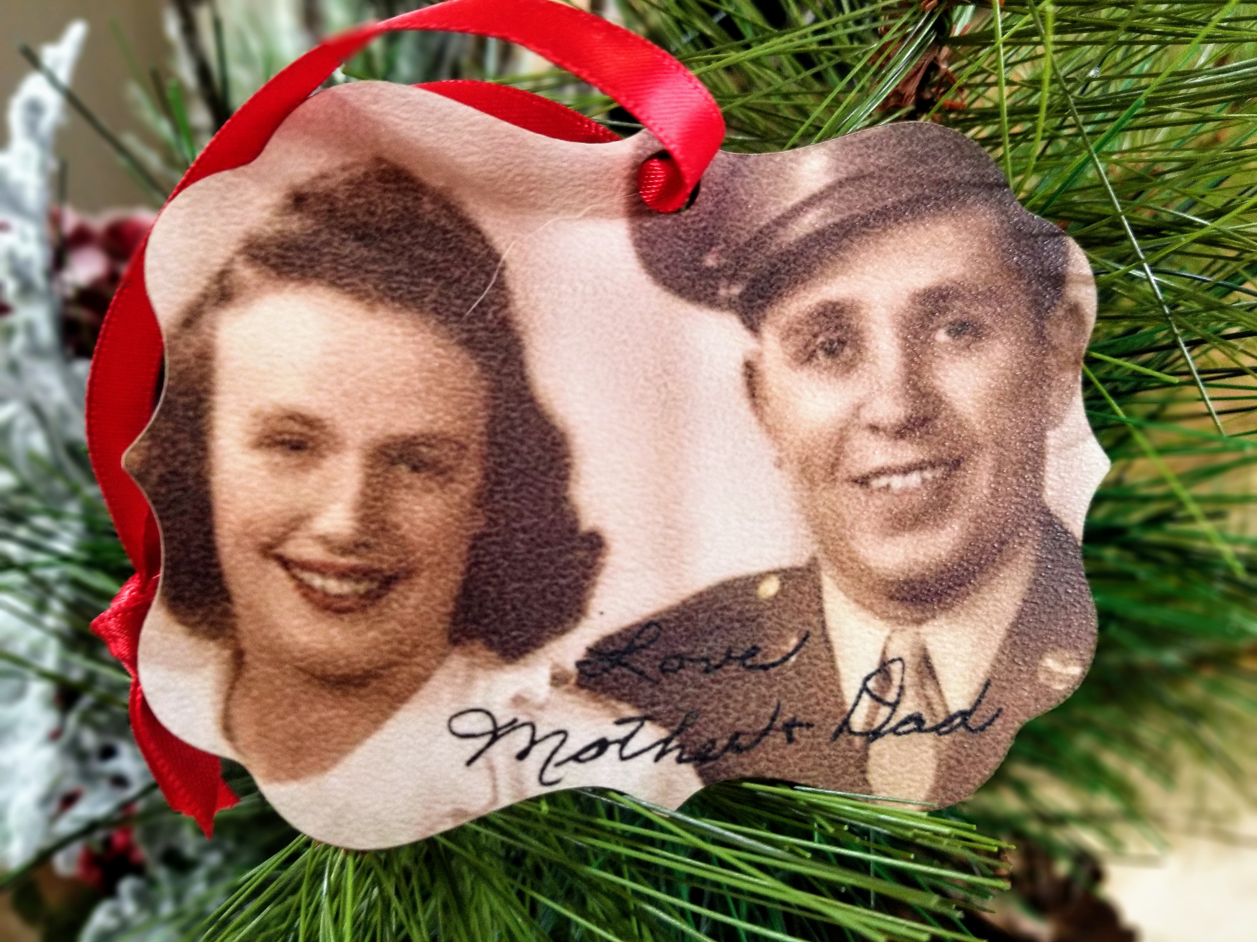 Christmas ornament with picture of loved ones and their handwriting added