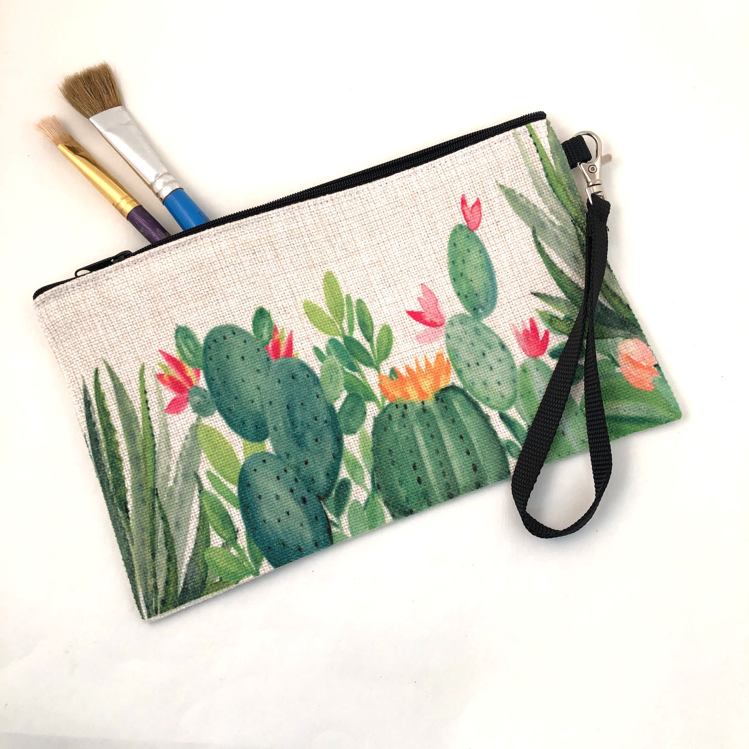 Original watercolor of a variety of Cacti. Makeup/wristlet linen bag