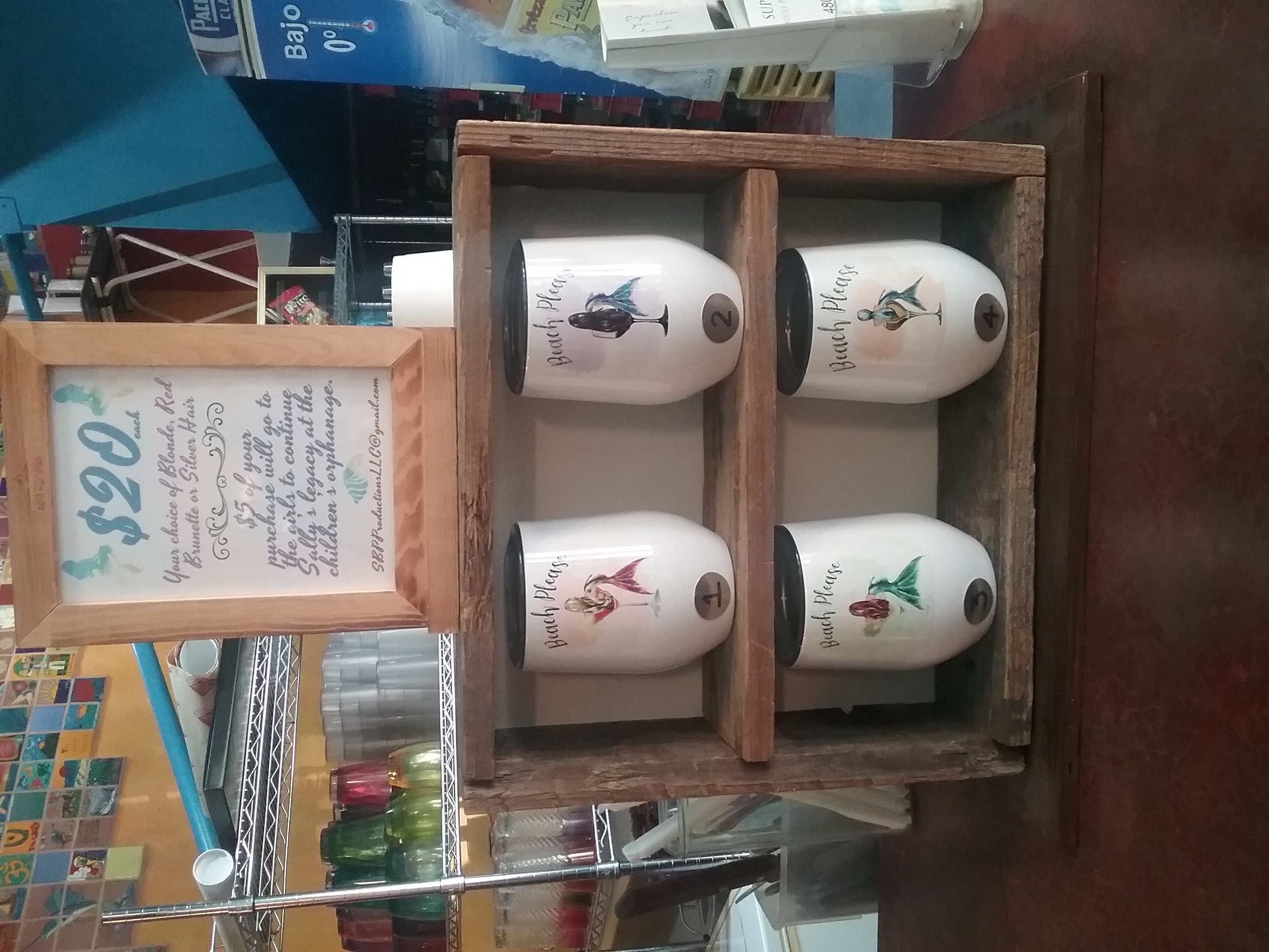 In a neighborhood Cafe down in Rocky Point Mexico,  The wine tumbler are sold with $5 for each 