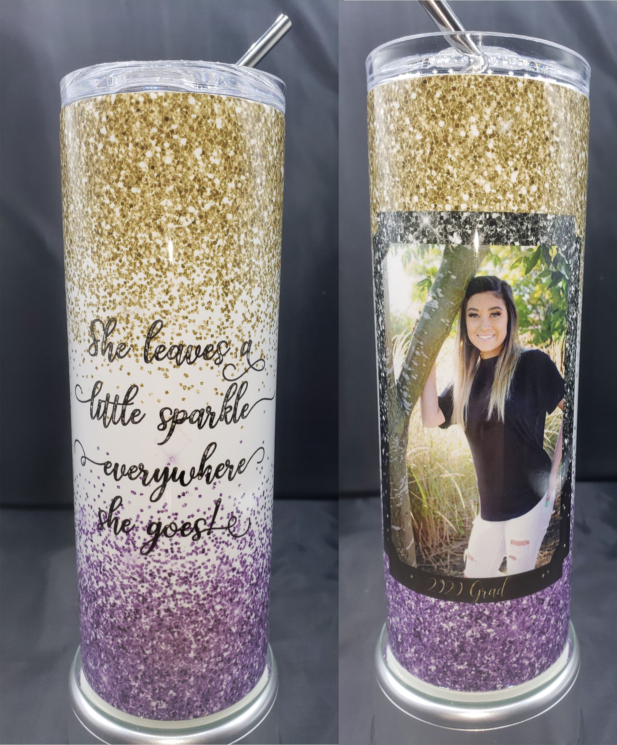 20 oz slim tumbler with graduation photo and saying. The glitter effect really sets it off nice