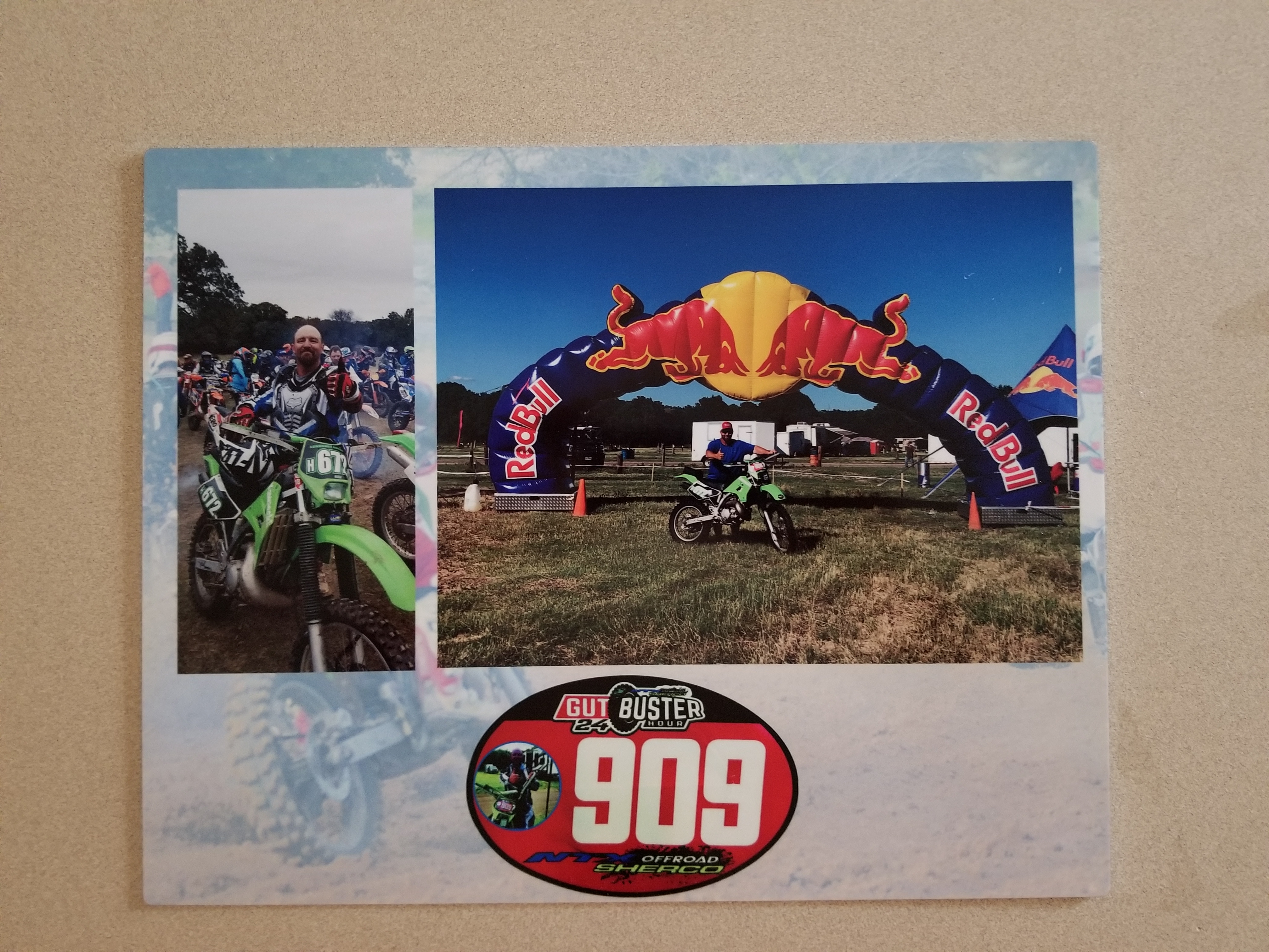 Pictures is the winner of a dirt bike race. Background picture is him during the race. It's 50%