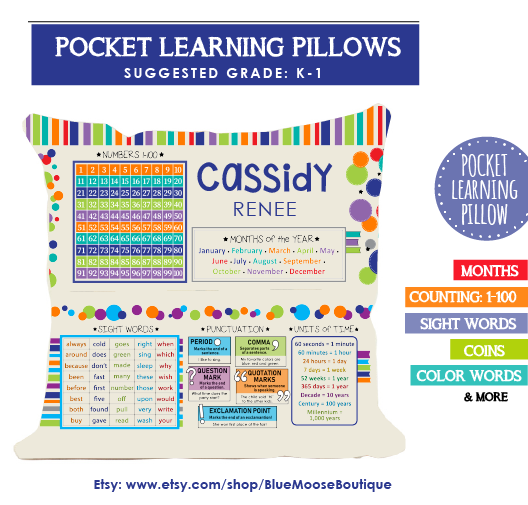 K-1 Learning Pillow ==> Counting, Months, Sight Words, Punctuation & More