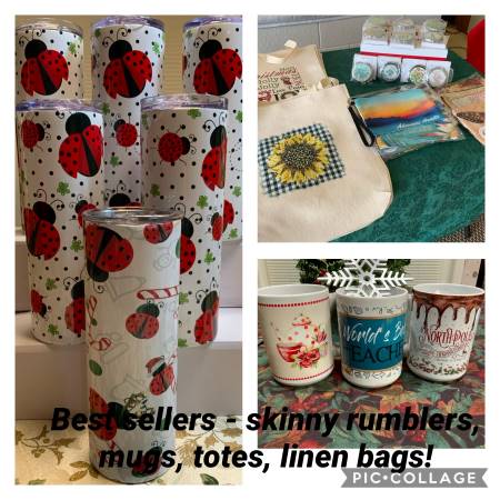Skinny tumblers, mugs, totes, compacts, and linen bags!  What great products!