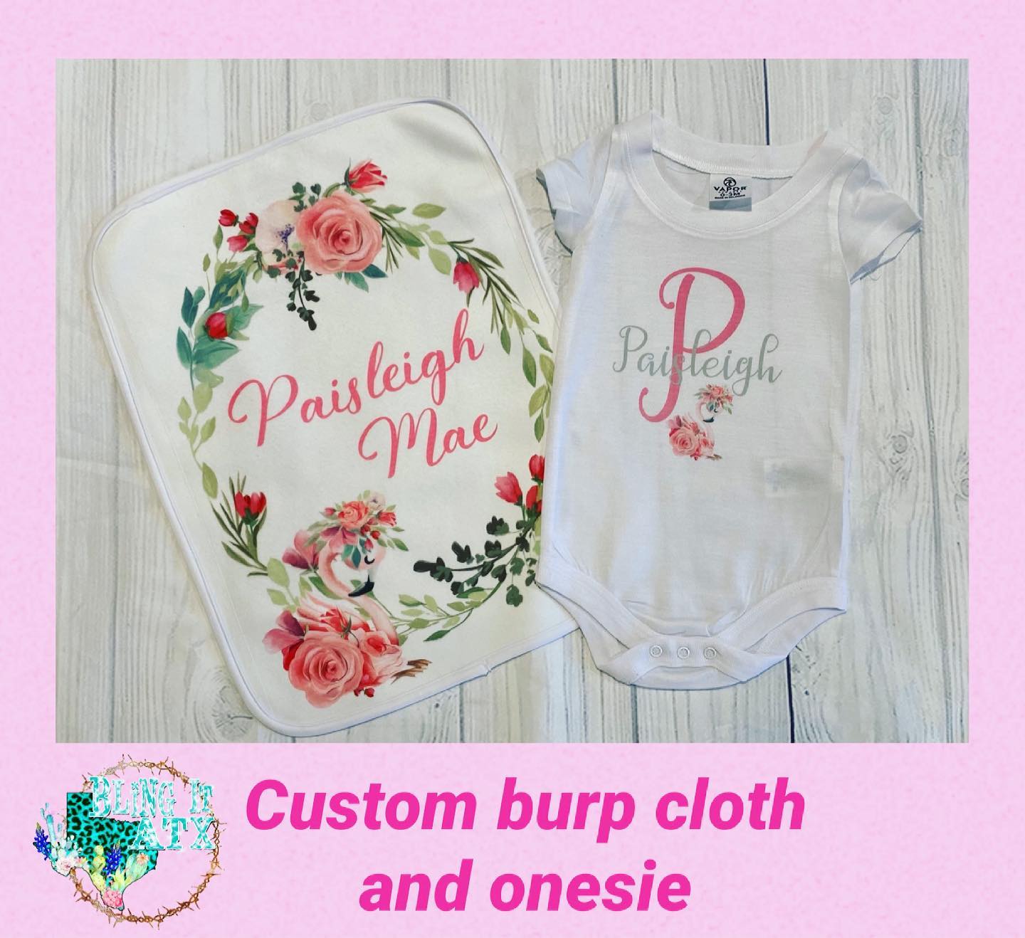 Designed an adorable burpcloth and onesie with a beautiful wreath and flagmingo.