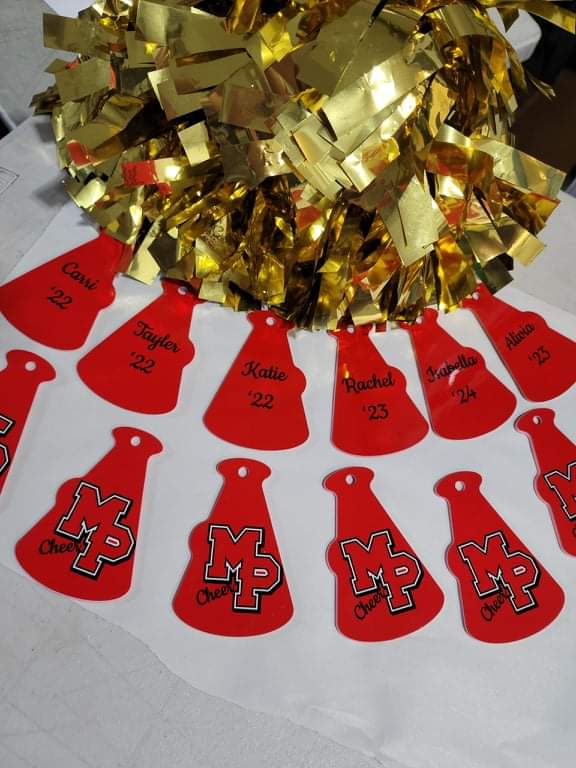 Cheer Bag Tags with logo one side personalization one side. 