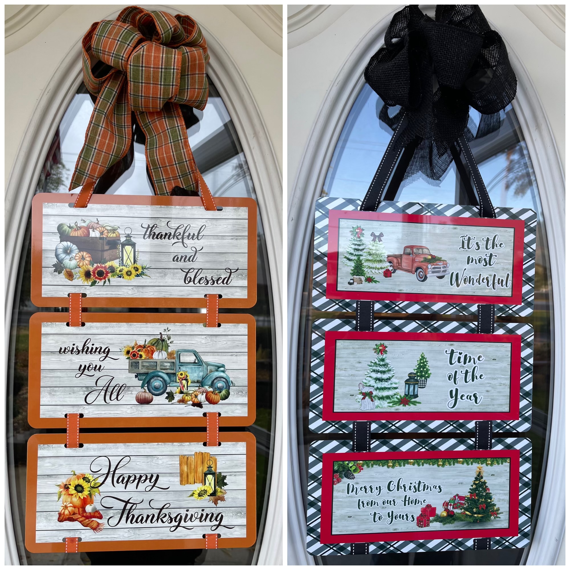 Getting ready for the holiday season coming up!  Door hanging signs made out of license plates 