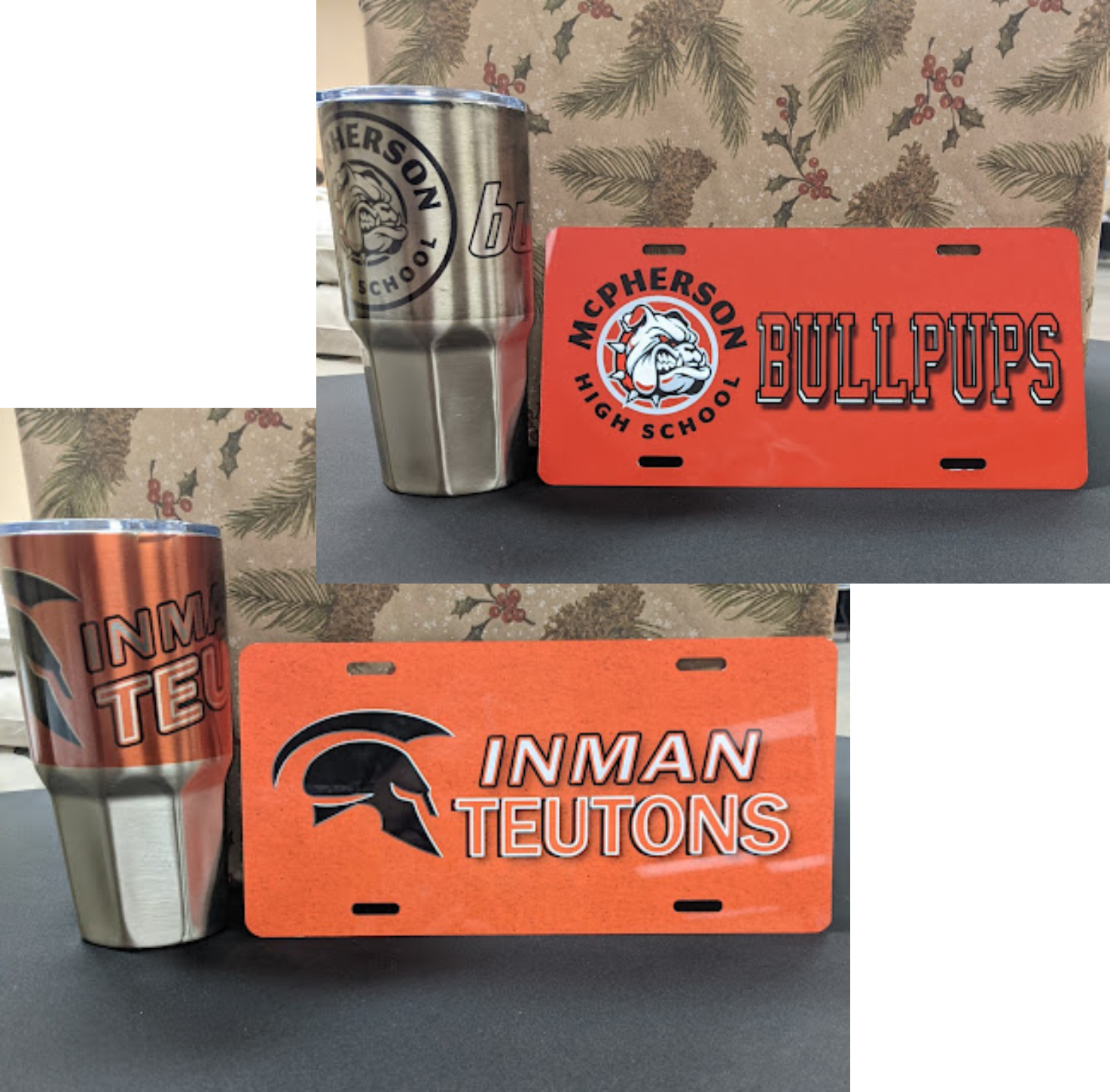 Mascots for two local high schools. Tumbler and license plate sets. Just look at those colors!!