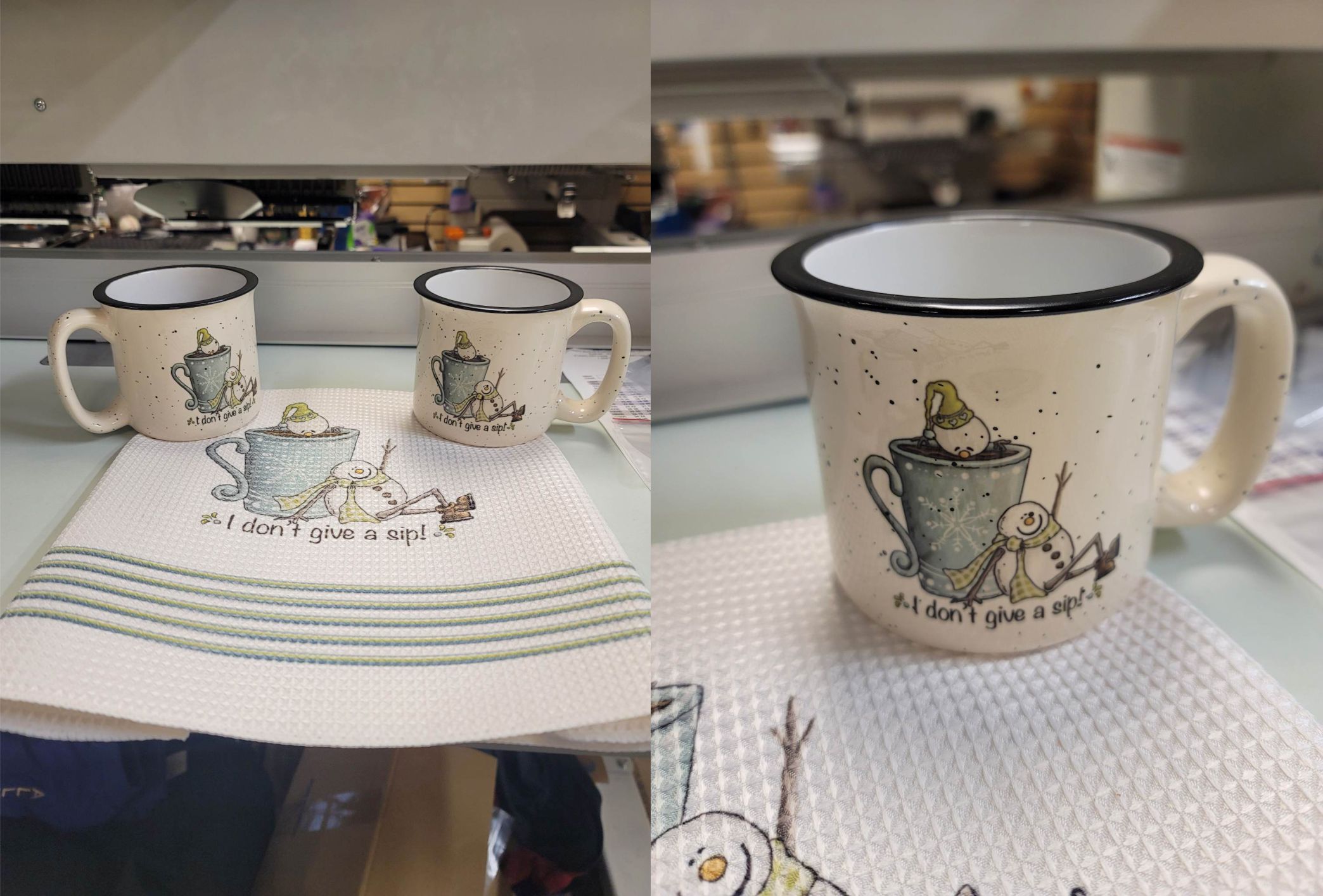Ceramic Camp mug with Snowman print and matching waffle weave towel. 