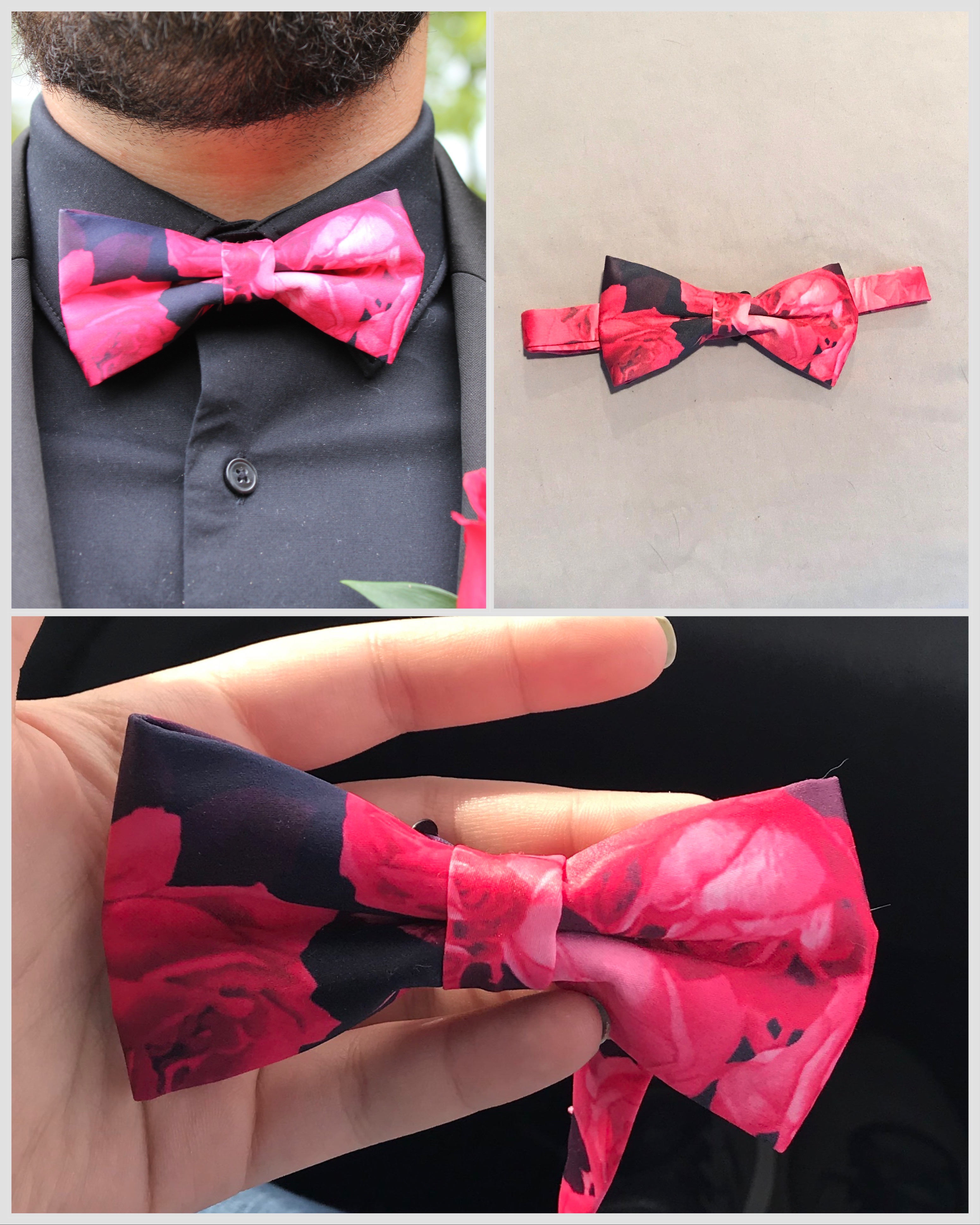 Custom bow tie made to match a formal dress. The bow tie was created by sublimating polyester f