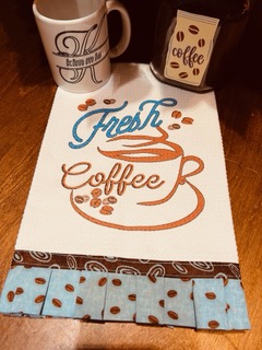 Sublimated Waffle weave towel with cotton ruffle and boarder, with sublimated mug. Both items w
