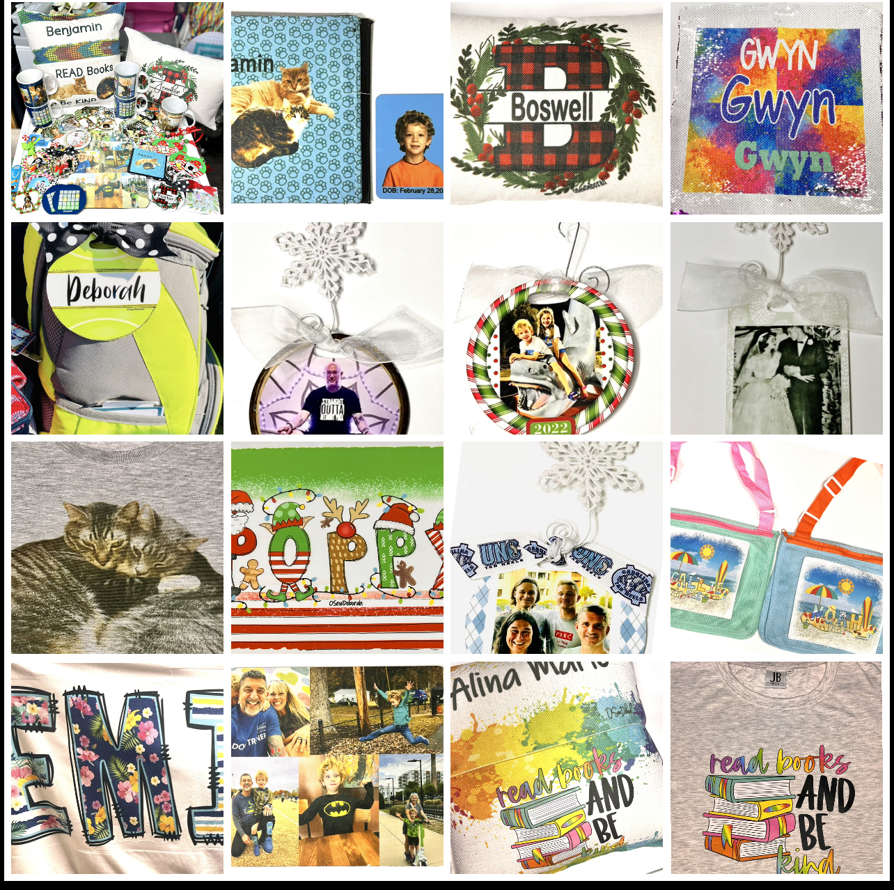 A variety of items including Pillowcases, LumbarPillows,Mugs, Coasters,Ornaments, Bagtags,Keych