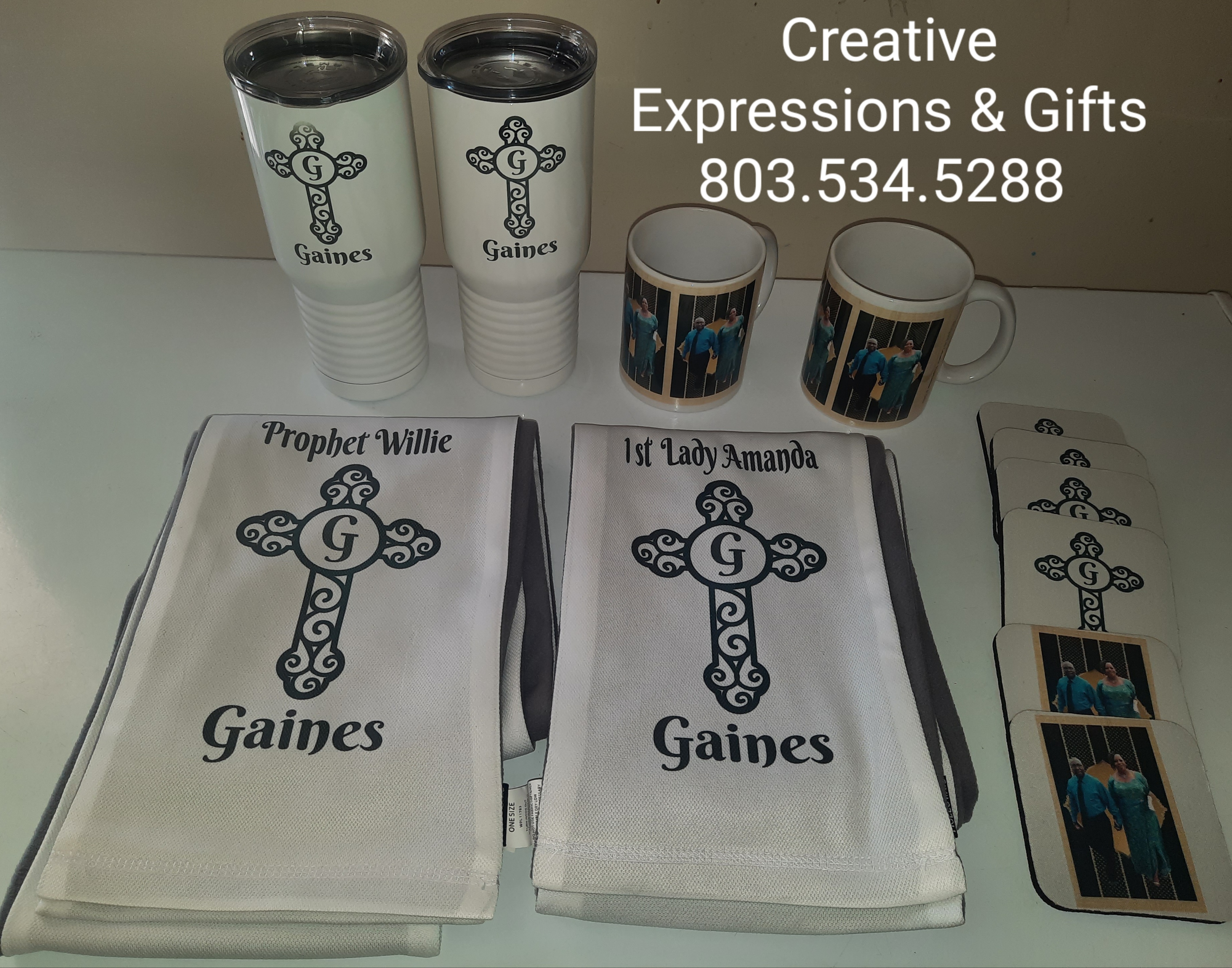 Gift set using Tumbler, mug, coasters, and matching  scarf.