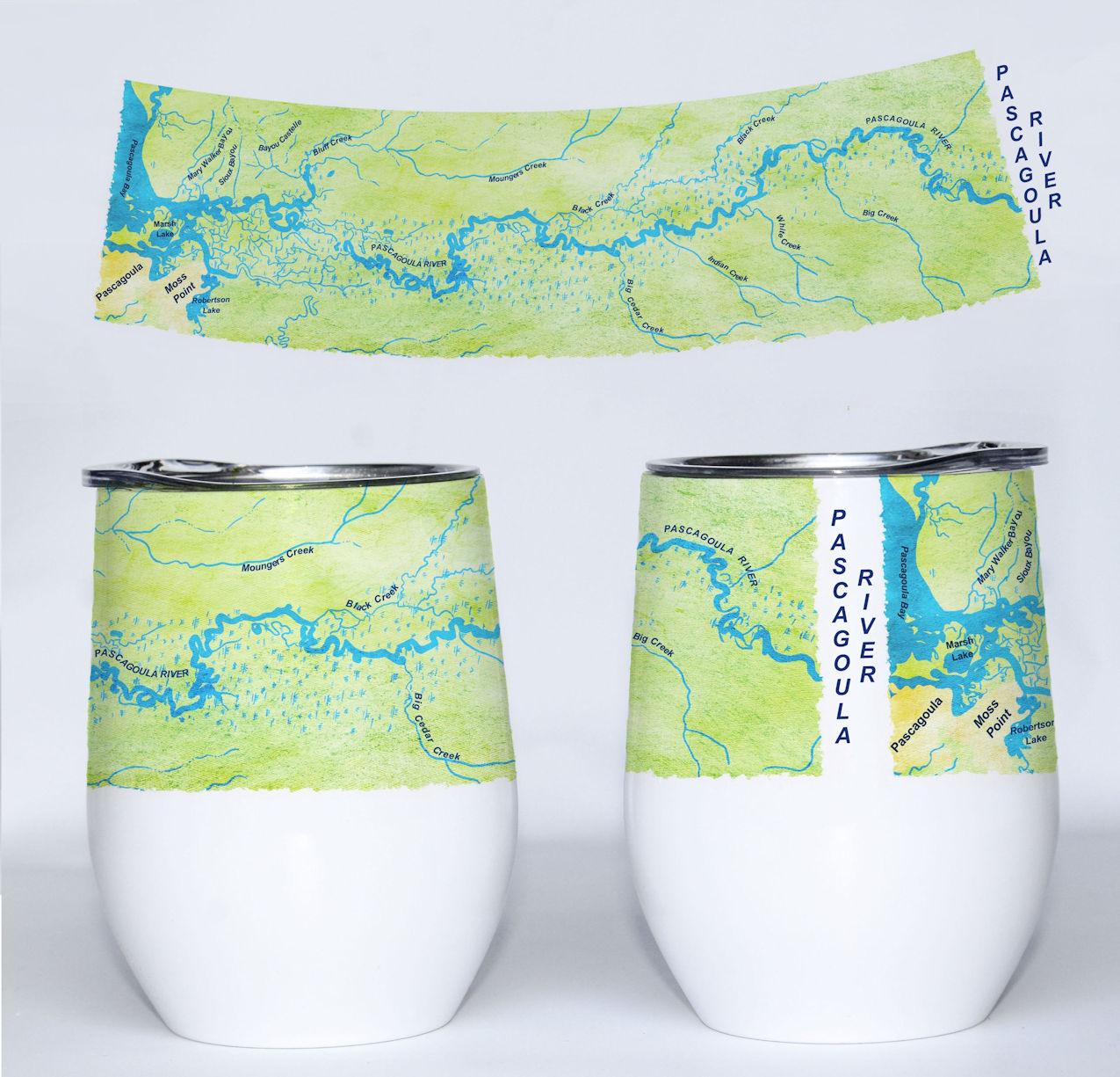 Hand Drawn Pascagoula River Map on wine tumbler designed for Pascagoula River Audubon Center