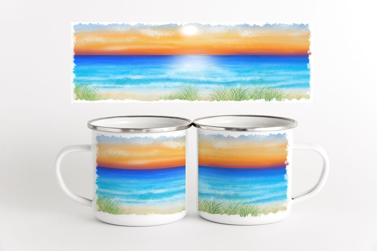 Hand painted beach sunset sublimated onto camp mug