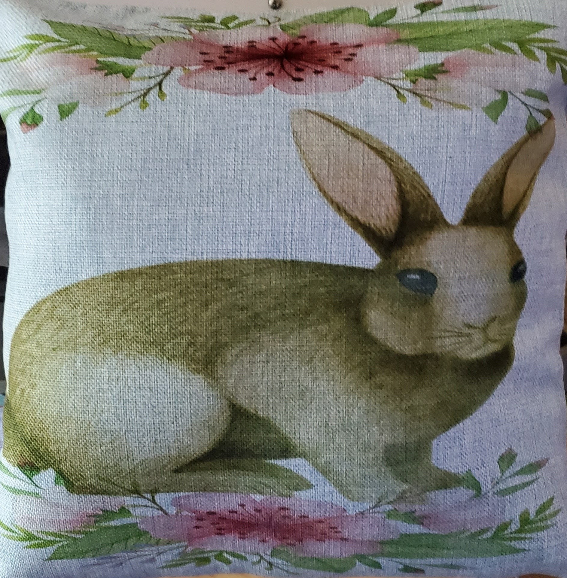 18x18 blue pillow with springtime bunny.  