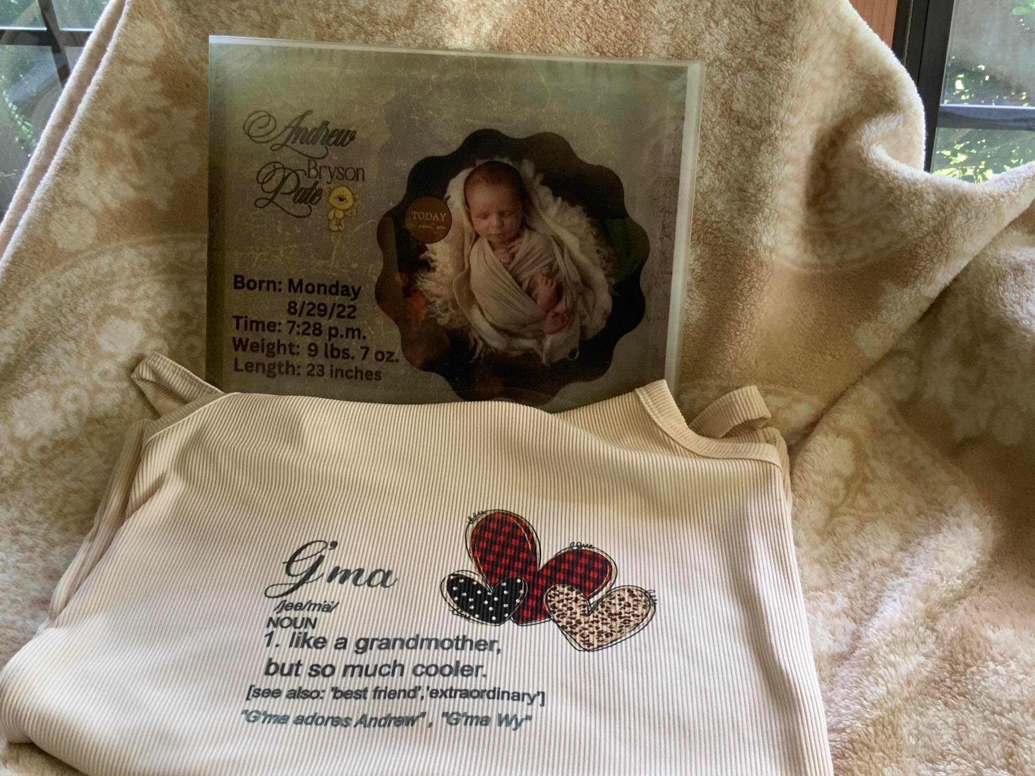 The sublimated result of a design I made for my Sister.  It is my tribute to her first grandson