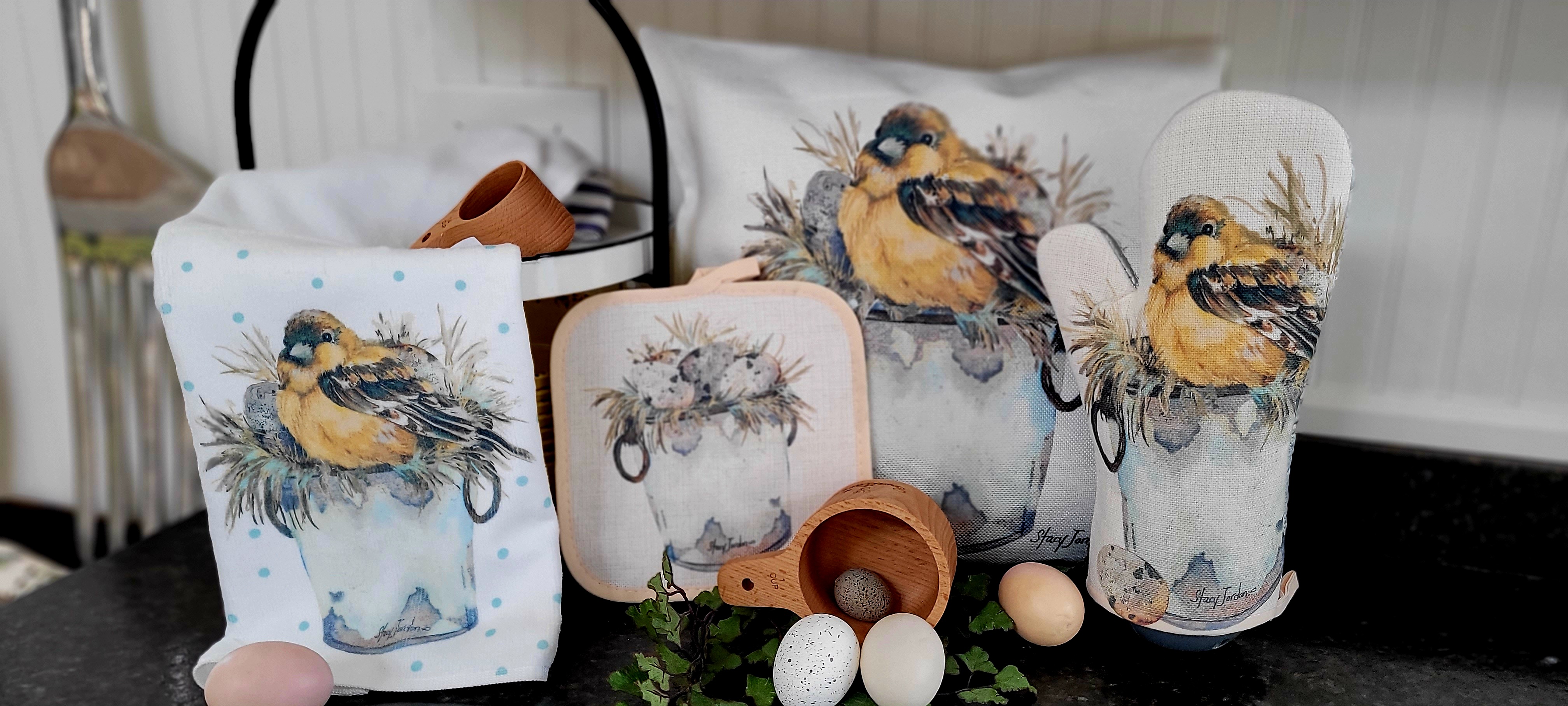 This yellow bird collection is sublimated with original artwork. These products can be sold ind
