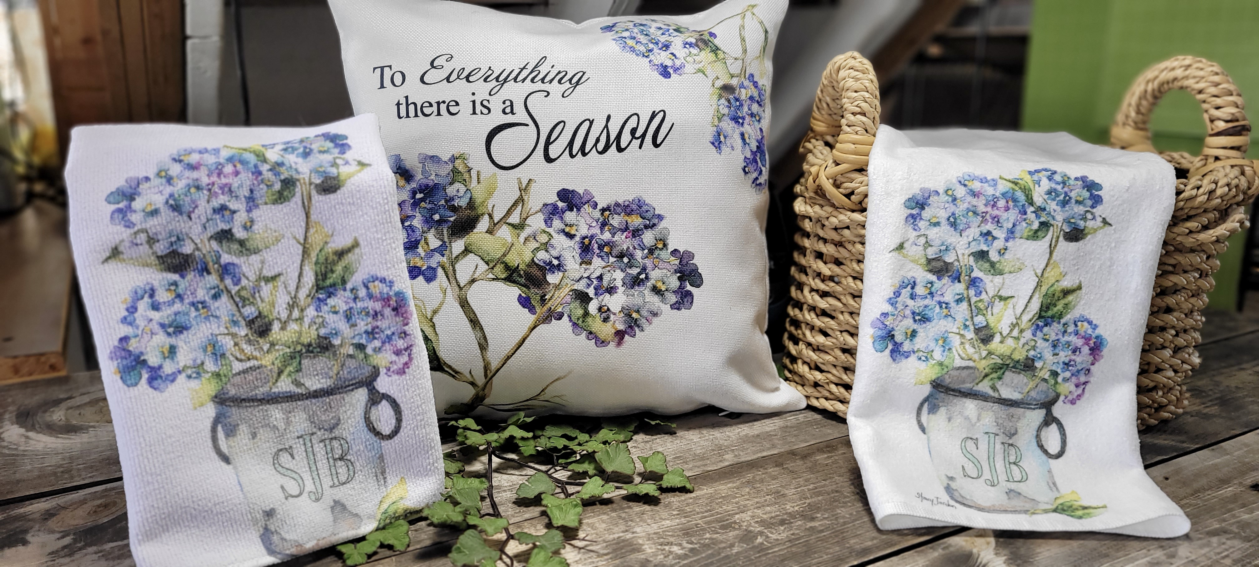 The Blue Hydrangea collection is sublimated with original artwork. These products would be grea