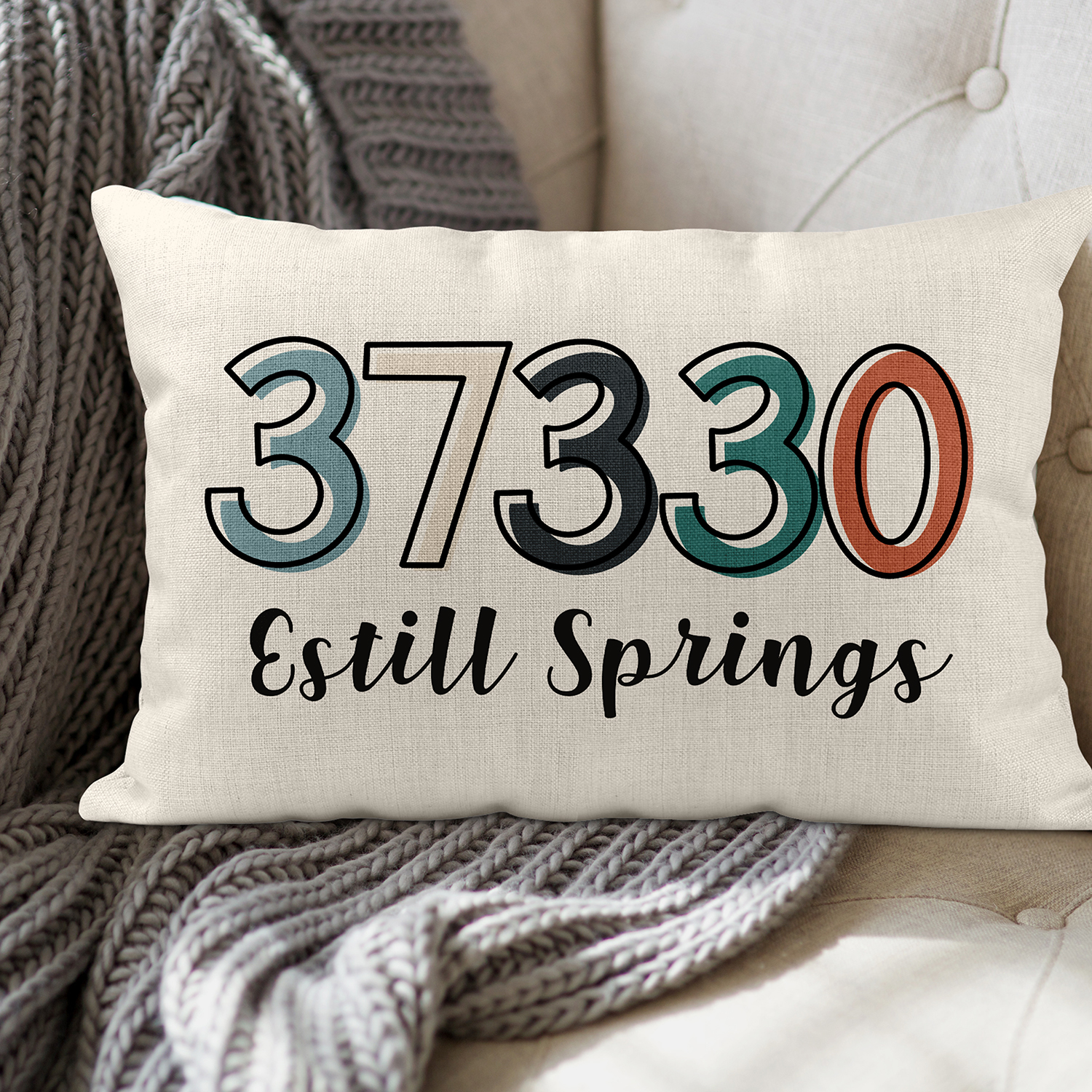 Zip Code Throw Pillow with Custom Watercolor Numbers and Beautiful Handwritten Style Fonts. Gre