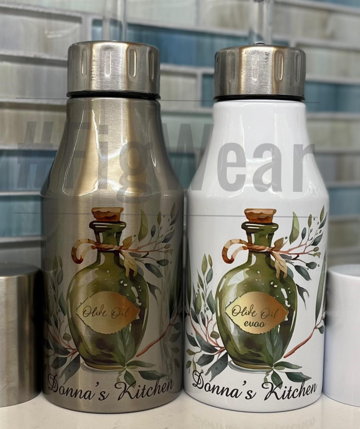 Custom printed so the olive oils can be kept on the counter fresh and handy!  No more lugging o