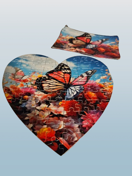 75 PIECE HEART PUZZLE WITH BUTTERFLIES AND FLOWERS WITH A MATCHING SMALL LINEN BAG.  SO WHEN TH