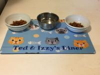 I made this kitty pet food mat for my own cats. I caused it to shift a little during pressing, 