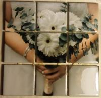 @ x 2 mosaic tile of a brides hand holding a bouquet.