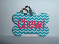 Turquoise and White Chevron Bone-Shaped Dog Tag with Hot Pink Name! www.facebook.com/inspiredby