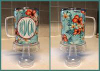 Beautiful full bleed tropical design and monogram on the 15 oz stainless steel coffee mug.