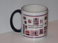 give away blue handle & rim ceramic mug showing items  