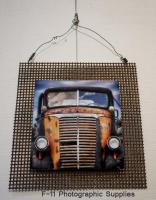 Old Truck sublimated on an 8x8 Chromaluxe Photo Panel then secured to a 12x12 rusted grid.