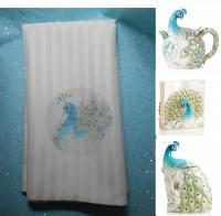 The Bride chose Peacocks for her dinnerware. 

100% polyester napkins and a reproduction of t