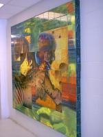 Public art piece for community pool hallway.  6' x 7'.  Tiles, inks and sublimation papers from