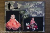 Two 5x7 glossy white photos on a Glossy white MDF board adhered with a small wooden block to cr