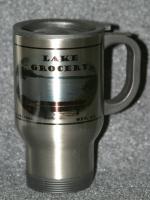 Silver stainless travel mug for Lake Grocery