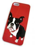 Boston Terrier iPhone 5 rubber case. Features the adorable black and white Boston on a red back